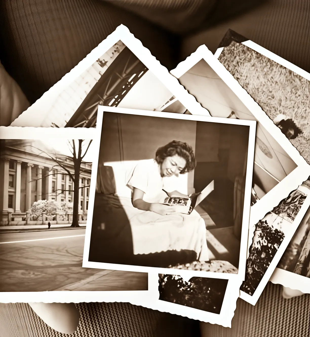 A scattered pile of vintage deckle-edged black-and-white family photographs