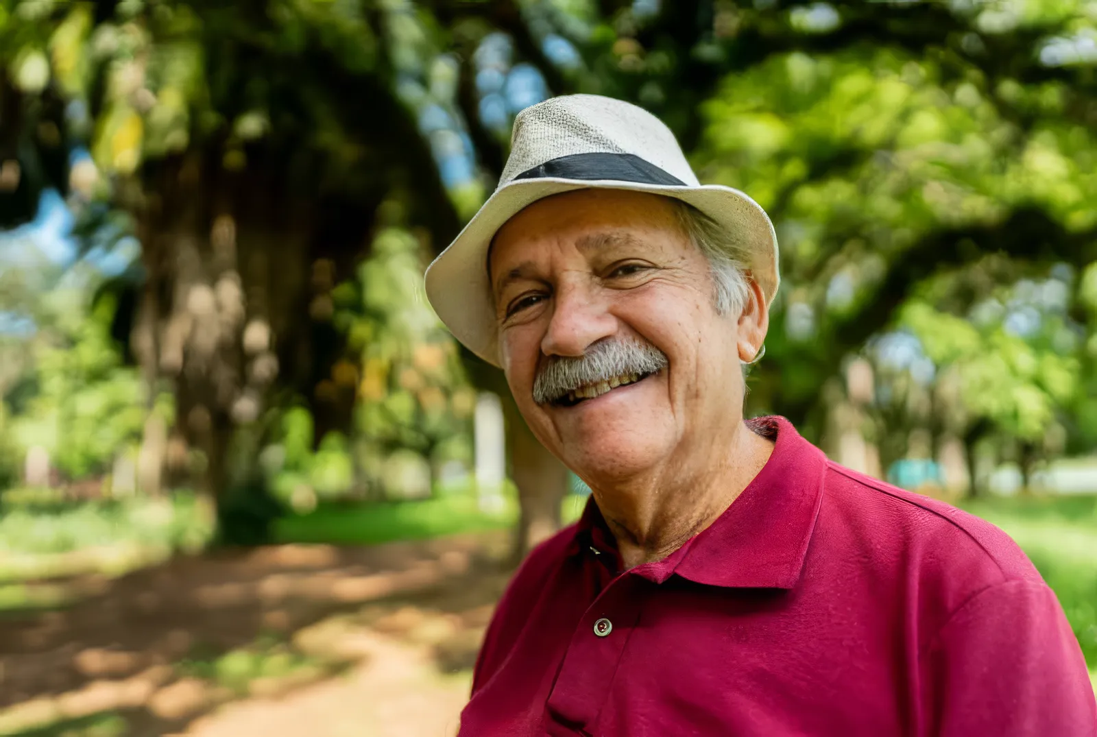 An older man in a straw hat, smiling outdoors among sunlit trees