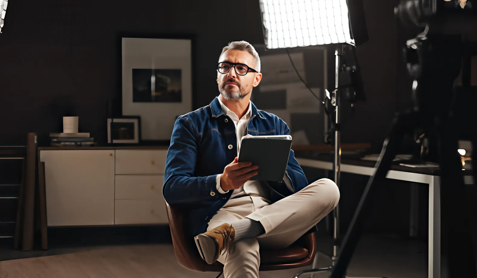 A filmmaker on a film set, reviewing notes on a tablet beside a studio light