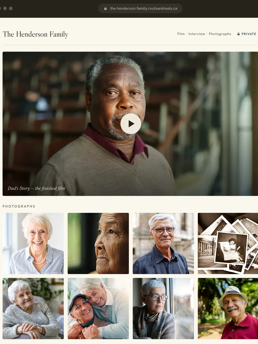 A private family portal website showing the finished film and a grid of restored photographs